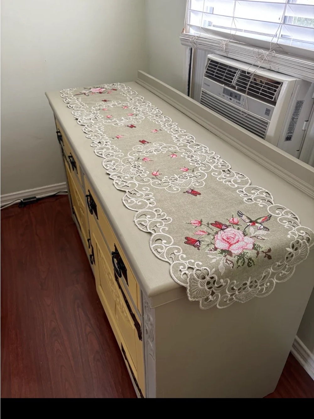 Embroidered Lace Runner Table Cloth - Olive Green with Pink Floral Motif